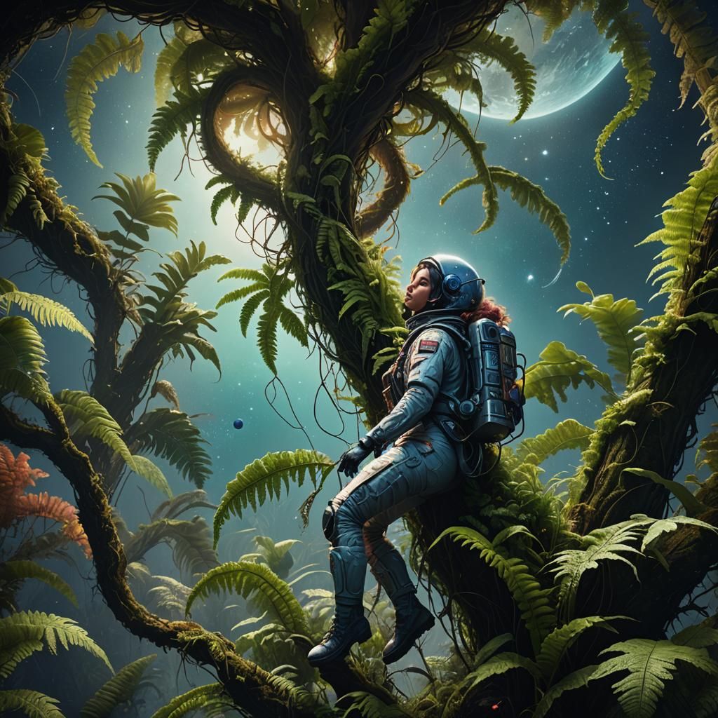 Space Girl Climbing Fern: Detailed Matte Painting