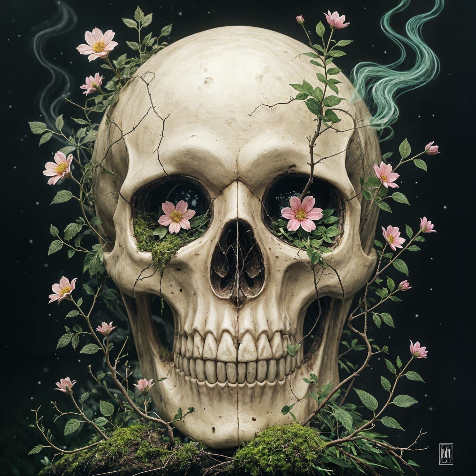 Ethereal Skull with Flowers: A Surreal Digital Illustration