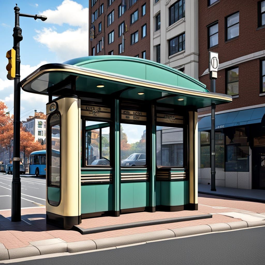 Glamorous Art Deco Bus Stop in a Vintage Cityscape