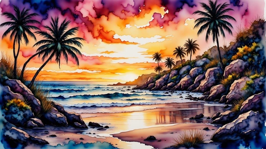 Sunrise Oceanfront Scene in Vibrant Synthwave Style