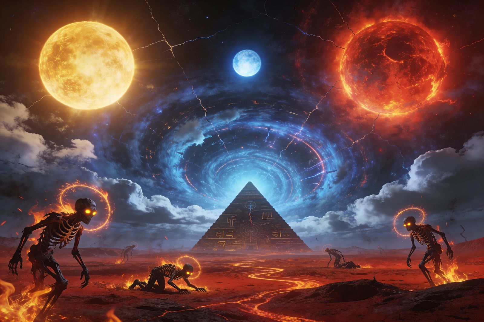 Three Suns Scorched Crimson Wasteland with Alien Pyramid