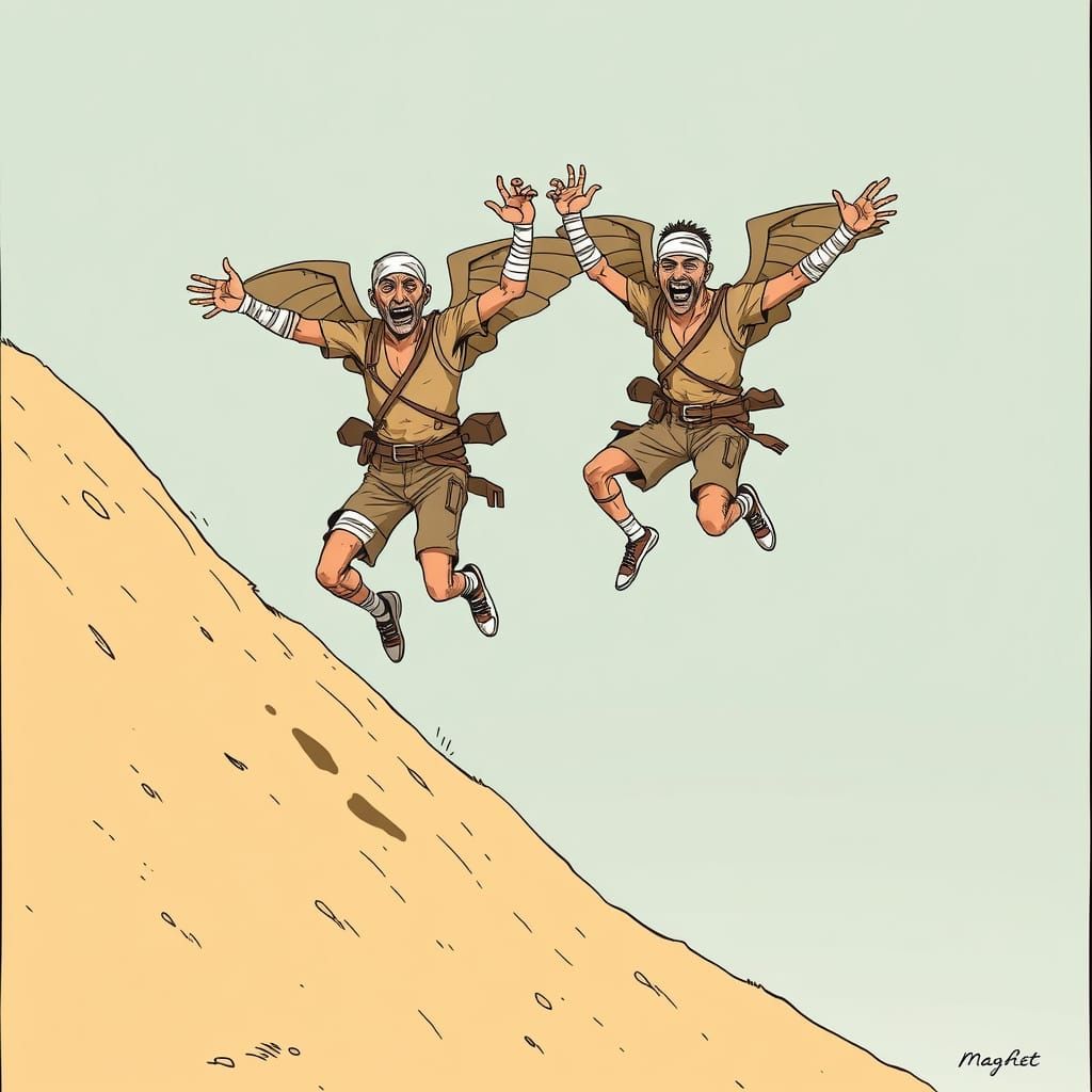 Surreal Comic: Men Leap with Cardboard Wings