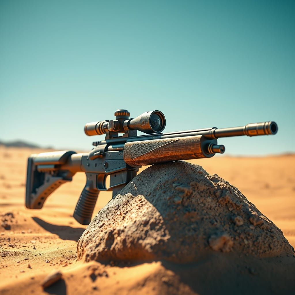 Weathered 50 Caliber Sniper Rifle in Hyperrealistic Desert L...