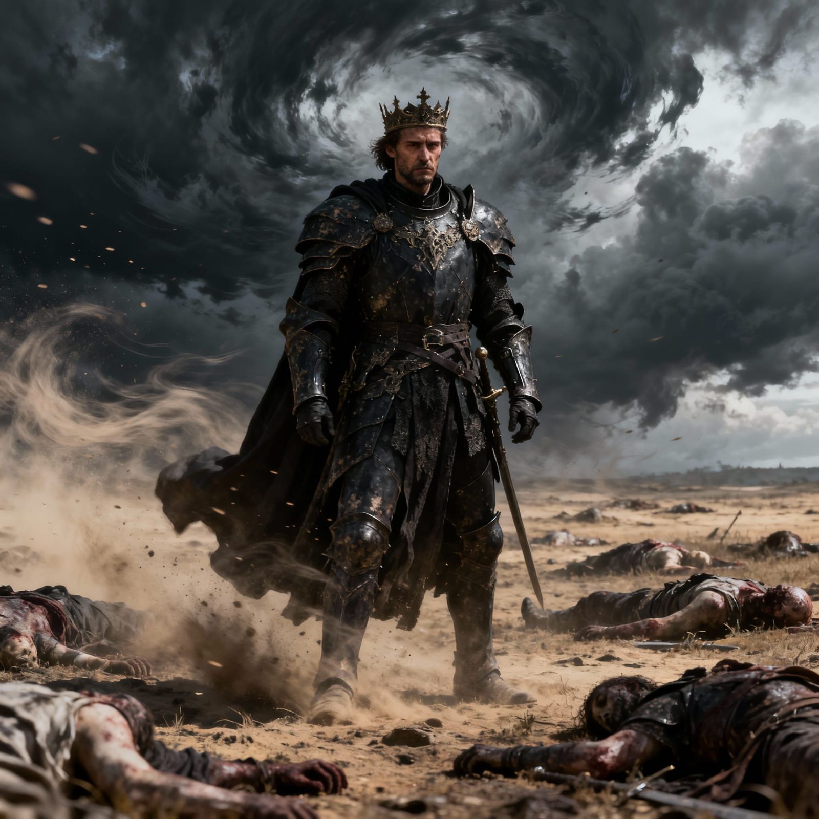 King on Desolate Battlefield in Dark Fantasy Style