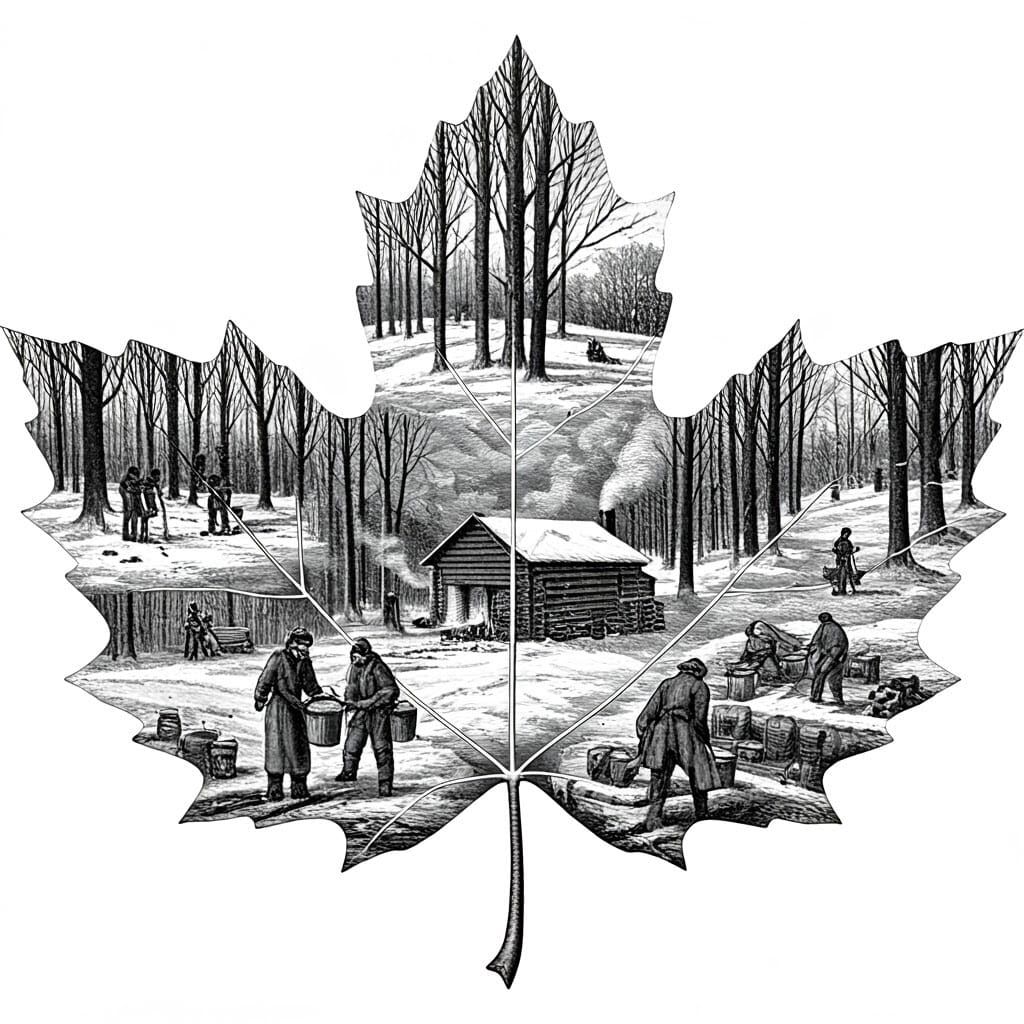 Detailed 19th-Century-Style Engraving of Maple Syrup Product...