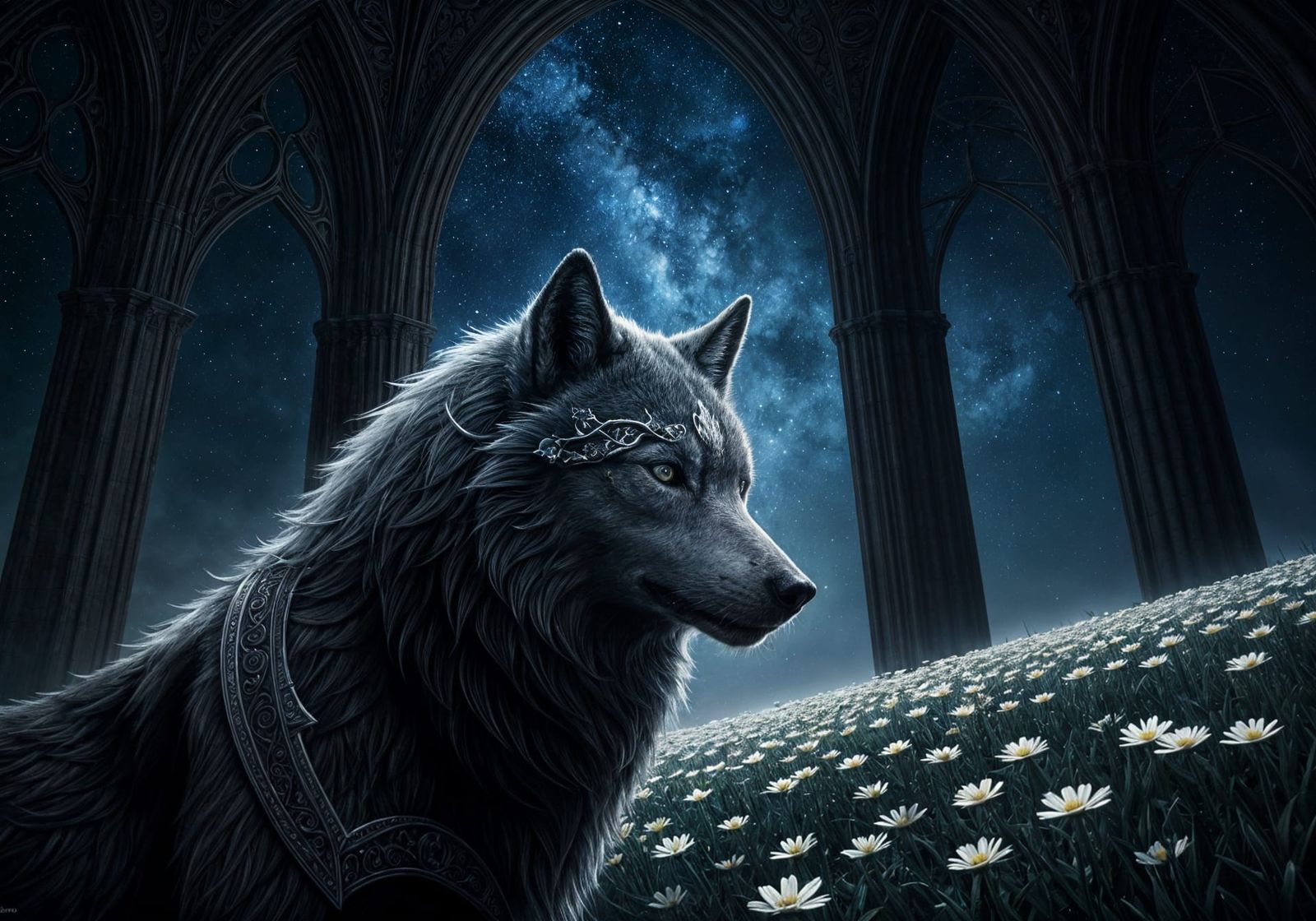 Gray Wolf King Amidst a Majestic Starry Night Sky