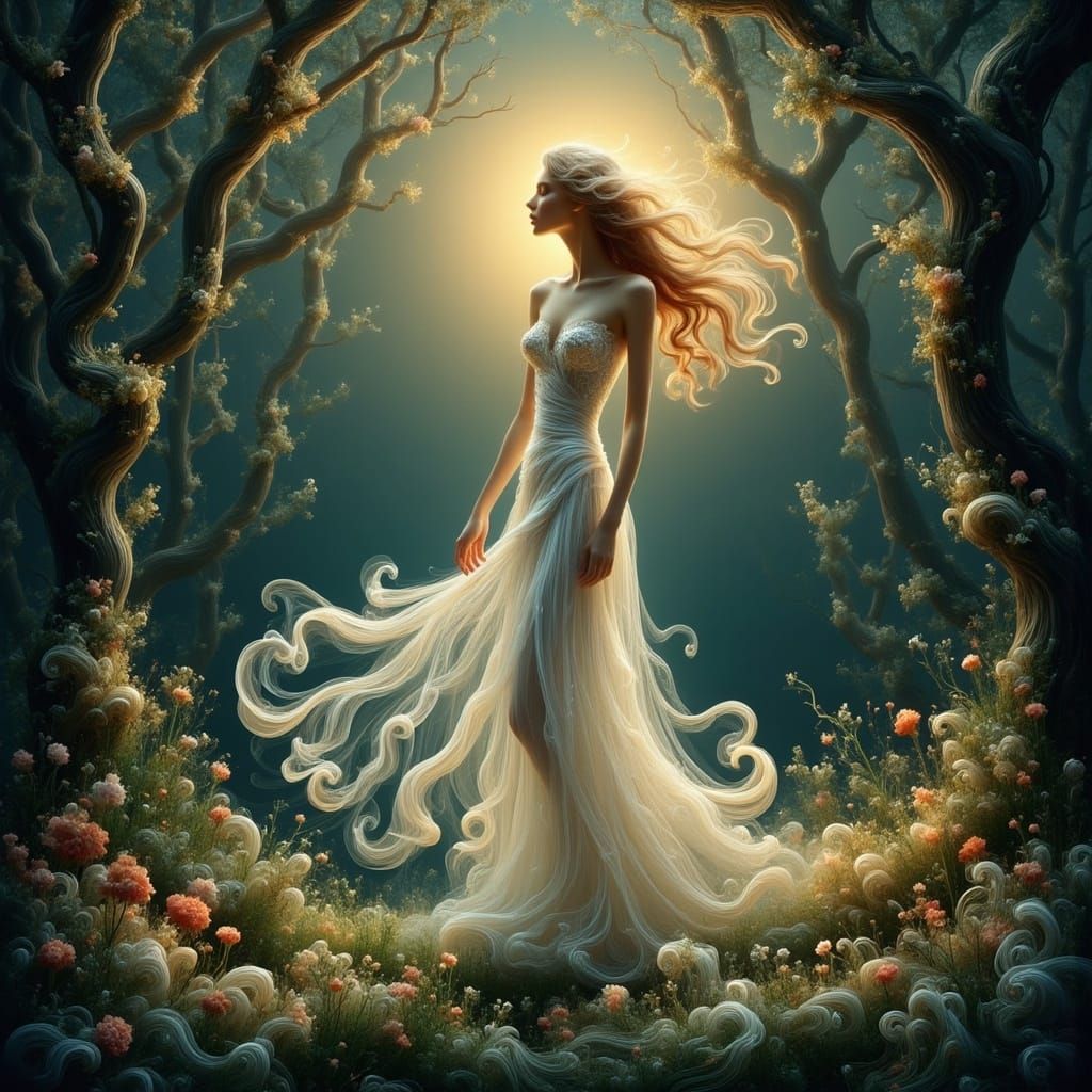 Woman in White Dress Surreal Painting