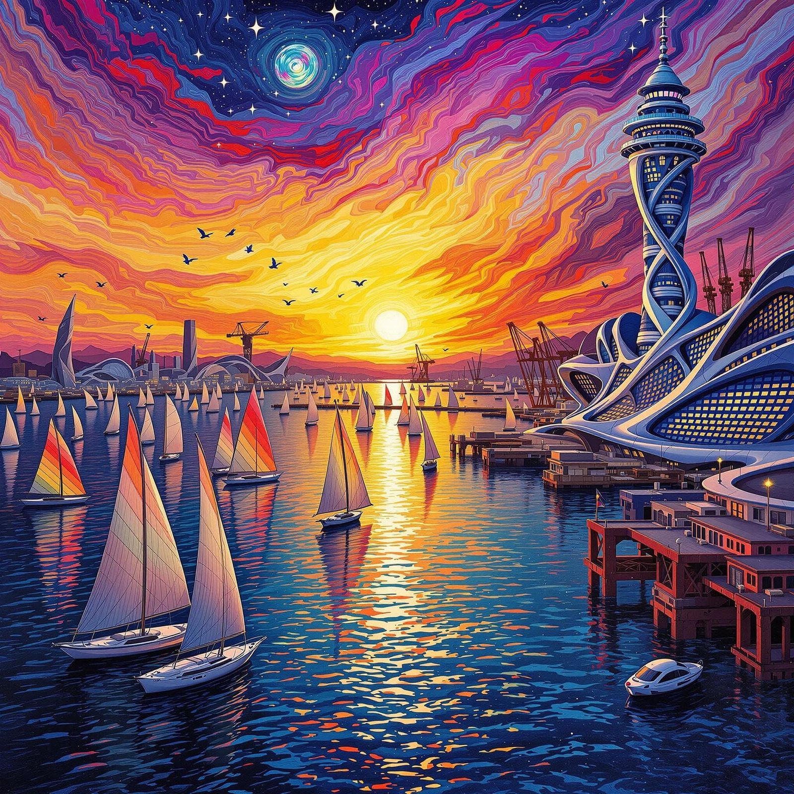 Surreal Futuristic Harbour at Sunset in Zaha Hadid Meets Van...