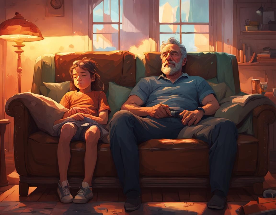 Father and Daughter Watching TV: Vivid, Realistic Portrait