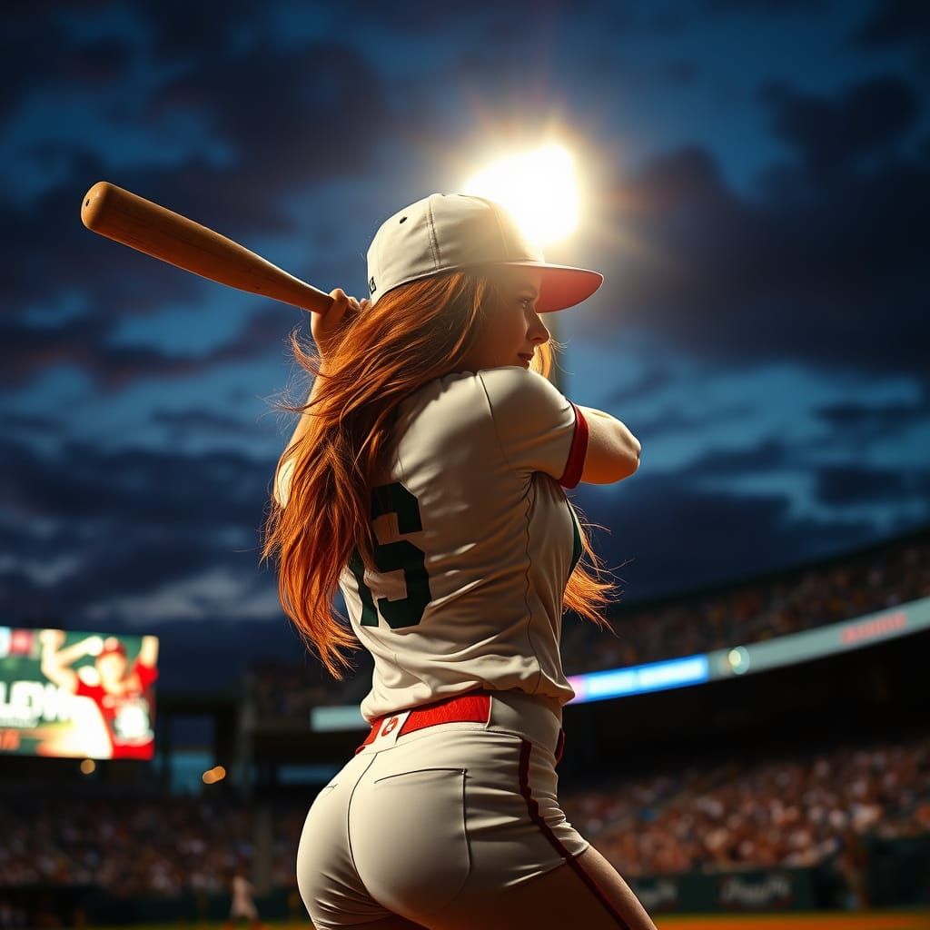 Redhead Swings Bat at Stadium in Bikini & Uniform