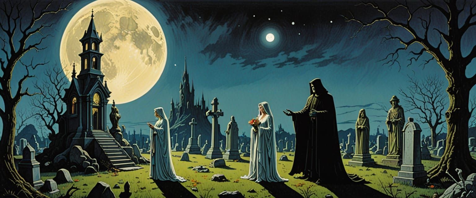 The Brides of Frankenstein in a Halloween Cemetery