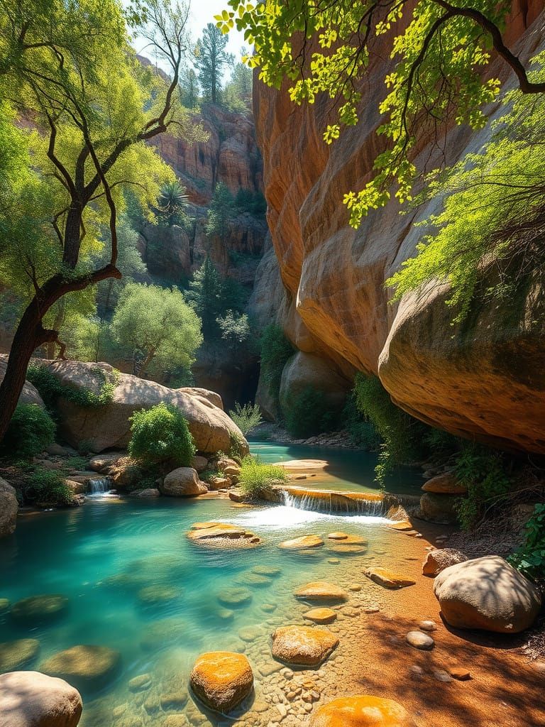 Lush Forest Oasis with Majestic Rock Formations in Vibrant E...