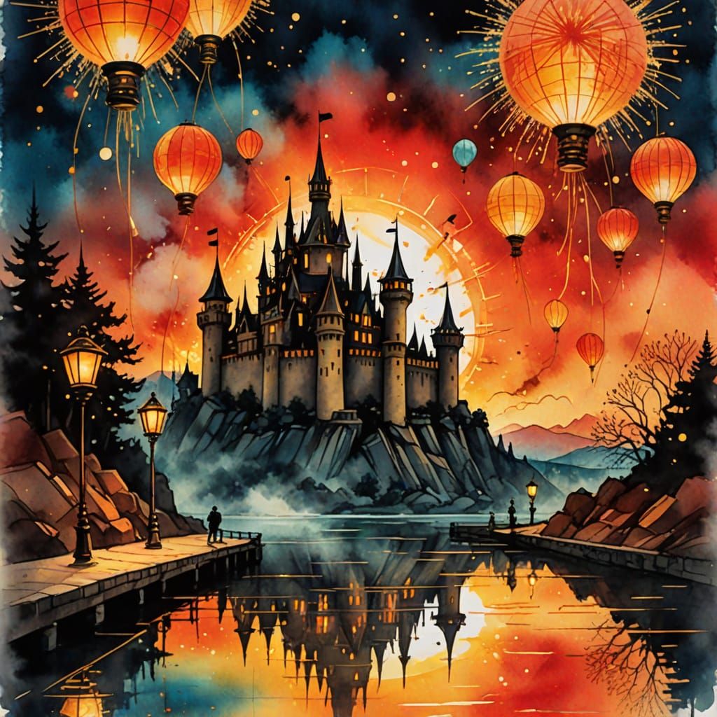 Steampunk Castle Fireworks at Sunset