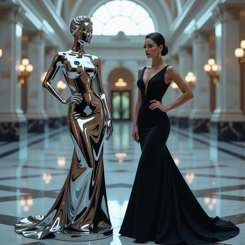 Chrome Statue With Woman in Dark Surrealism