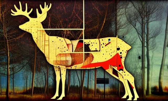 Cyborg Deer Collage in Pre-Raphaelite Style