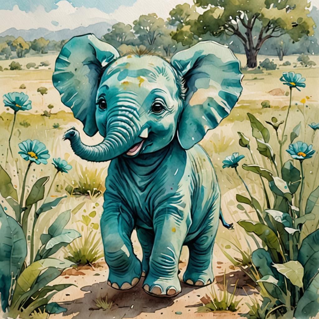 Watercolor Turquoise Elephant Plush in Field