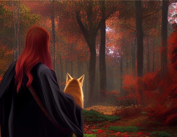 Druid Woman and Red Wolf in Autumn Forest