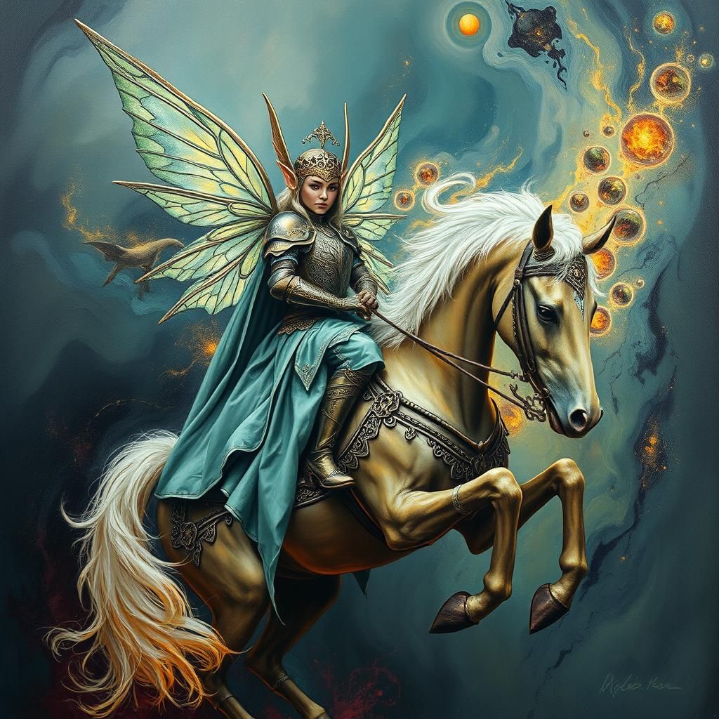 Regal Fairy Elf Rides Ethereal Horse in Impasto Style