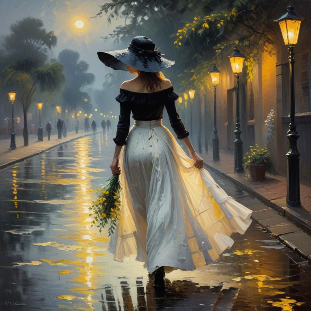 Impressionist Woman Walking Under Lanterns on a Wet Evening