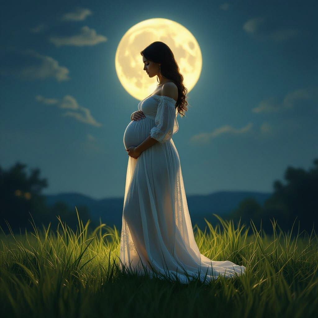 Pregnant Silhouette Under Moonlit Sky on Grass