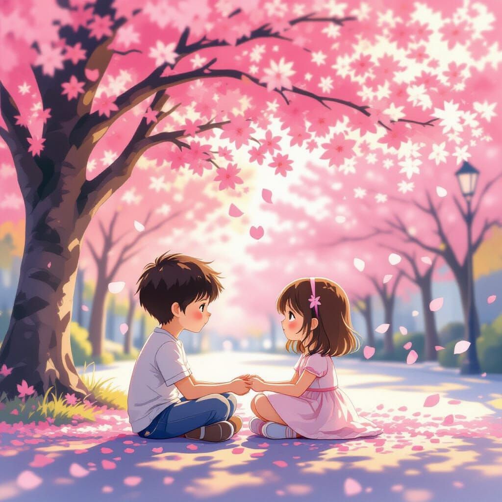 Young Love Under Cherry Blossoms in Golden Hour