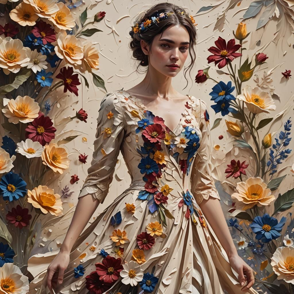Floral Impasto Painting of Woman in Cream Dress