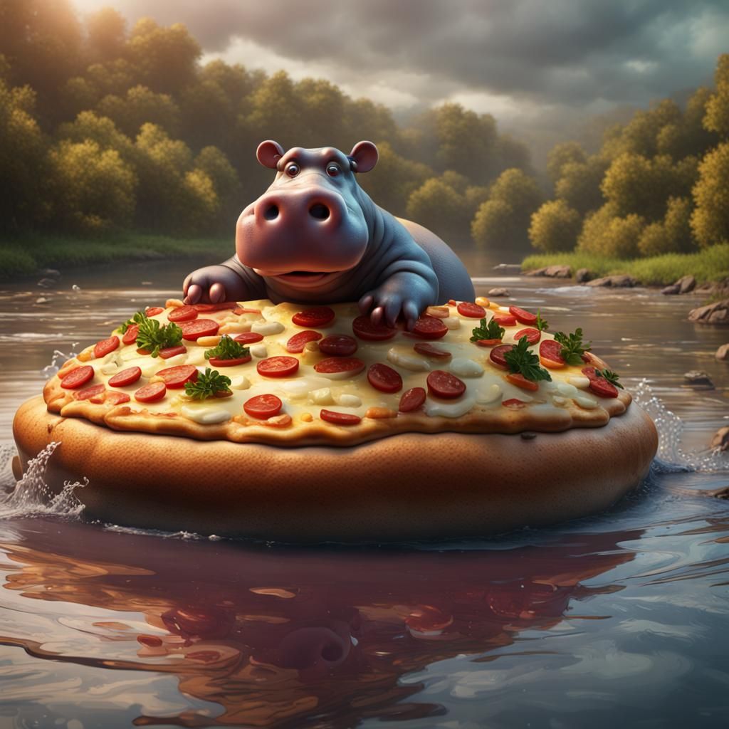 Hippopotamus Rides Pizza Raft, Detailed Fantasy Art