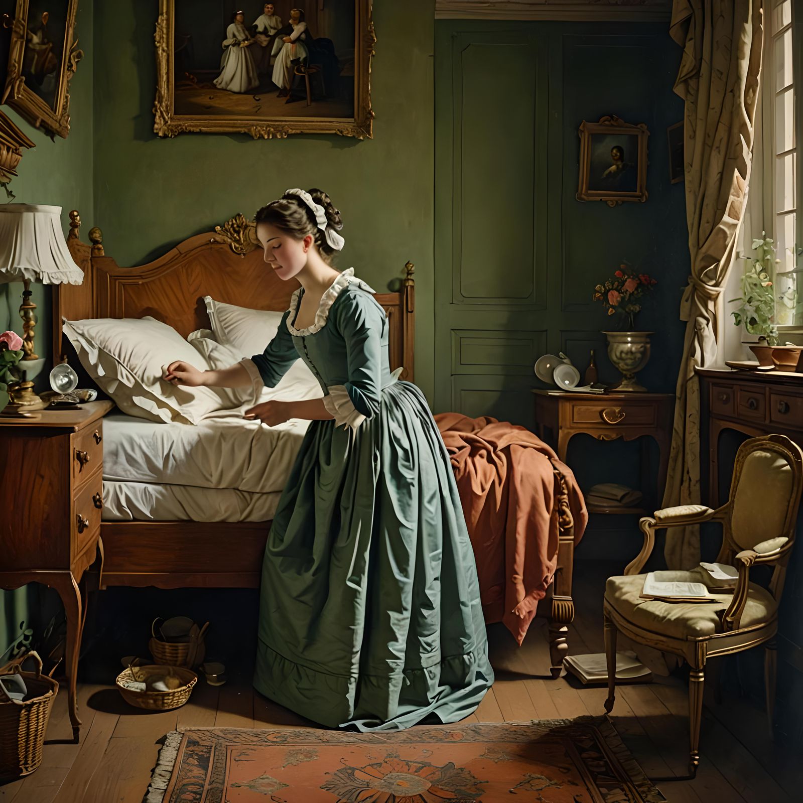 Maid in the early 1800s tending a sleeping room, in the style of Élisabeth Louise Vigée Le Brun