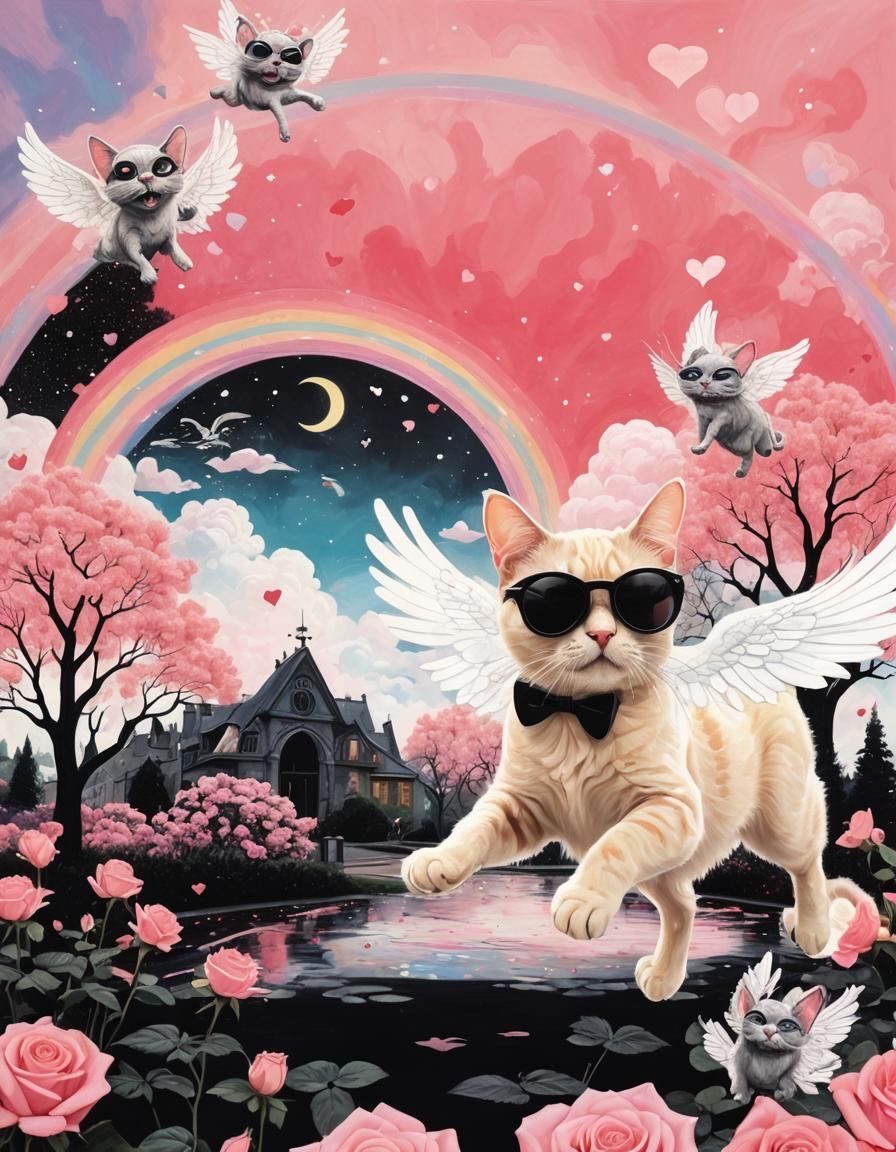 Winged Cat in Mystical Garden: Impressionist Splash Art