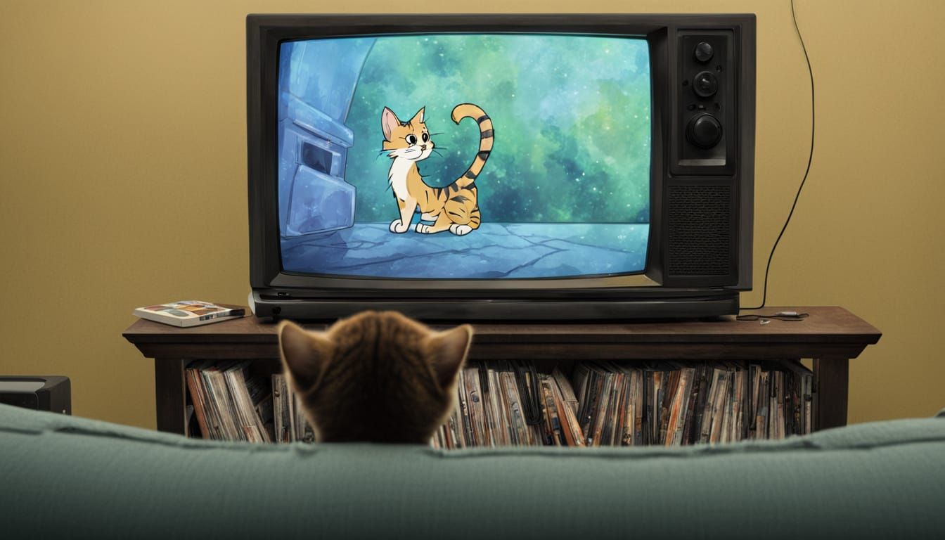 Gen Z Cat Watching Cartoons in Linocut Style