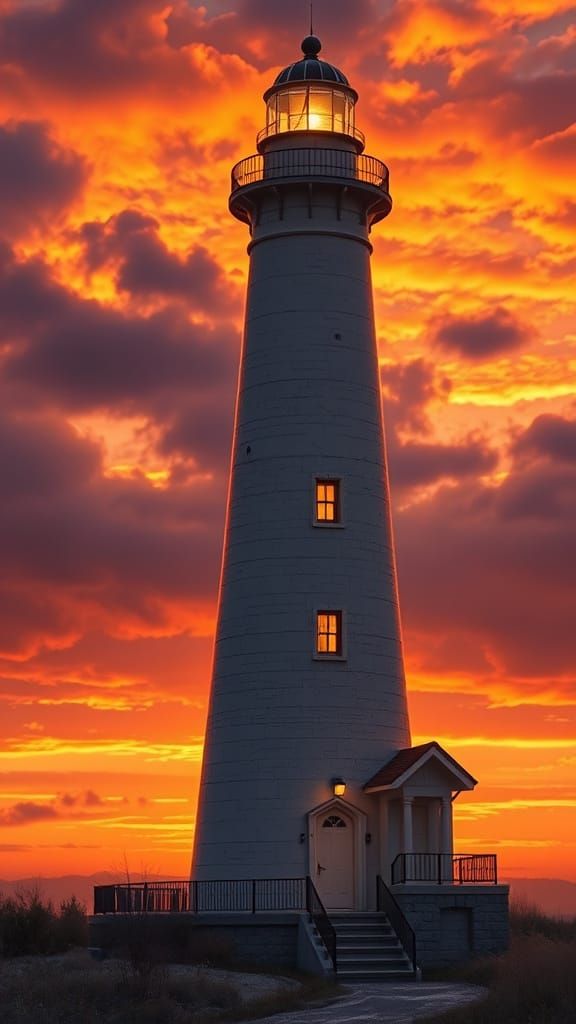 Ultrarealistic Lighthouse at Dramatic Sunset in Golden Hour