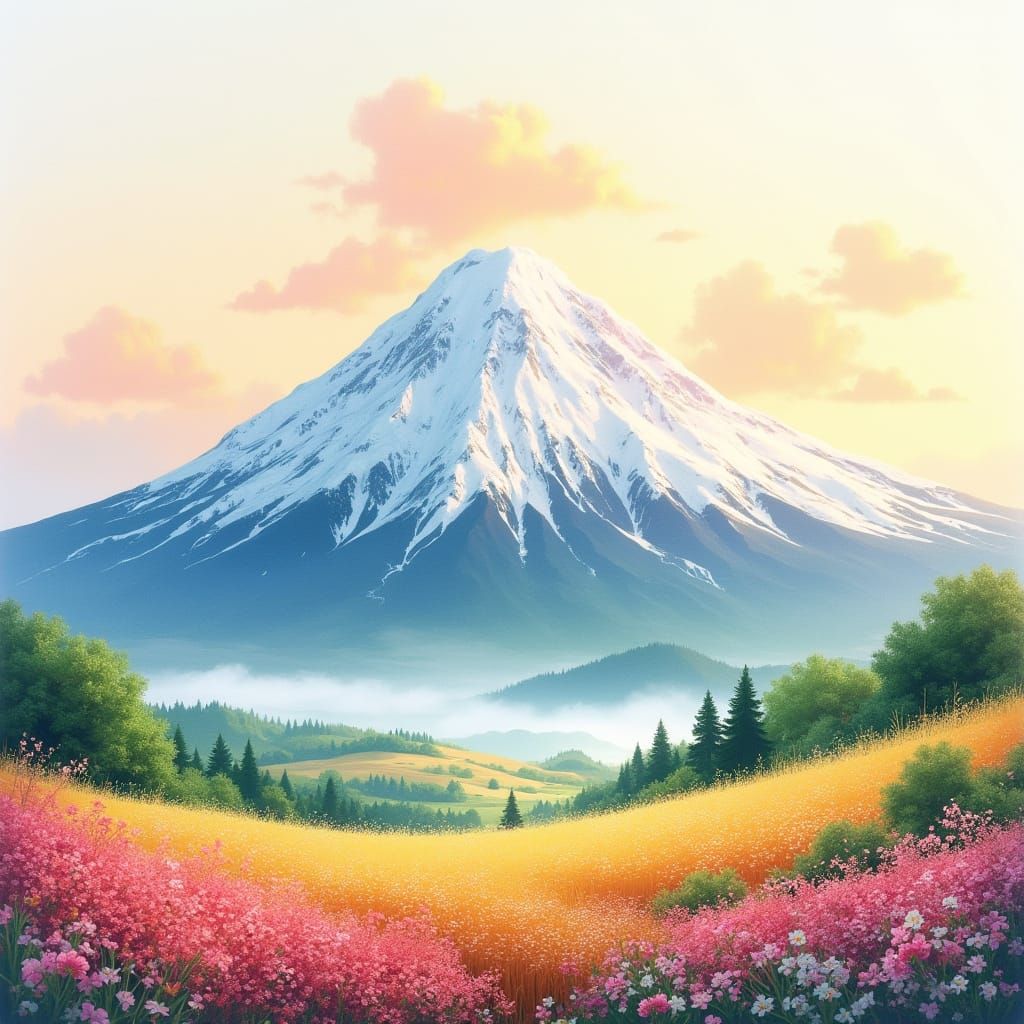 Serene Watercolor Mountain Landscapes with Vibrant Flowers a...