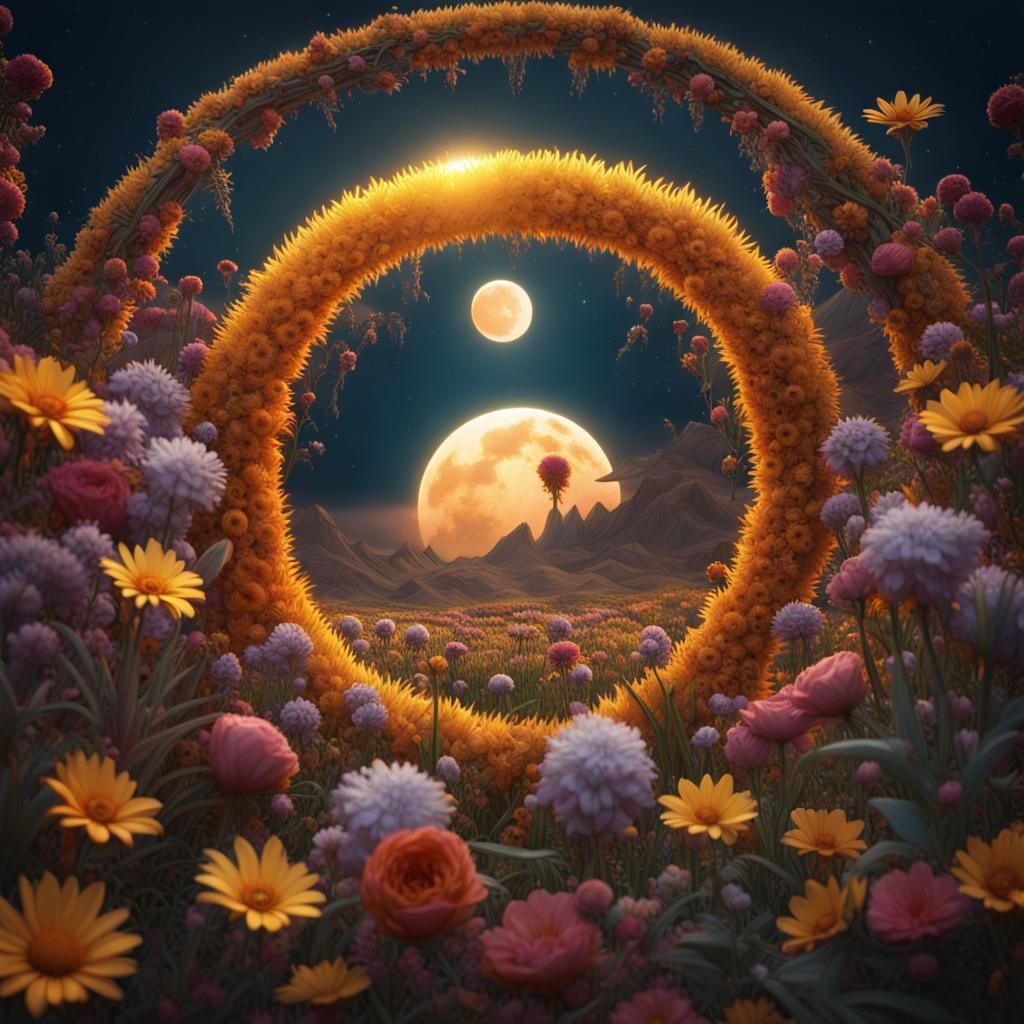 Exotic Animal Flowers Encircling Sun and Moon
