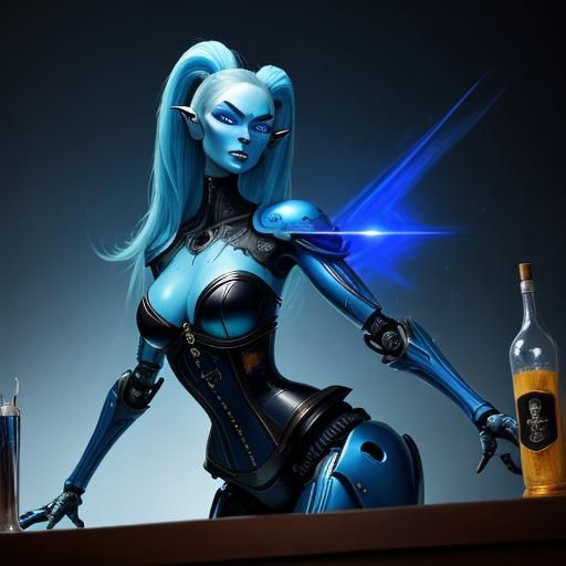 Voluptuous Robot Corset: Hyperrealistic Bar Scene