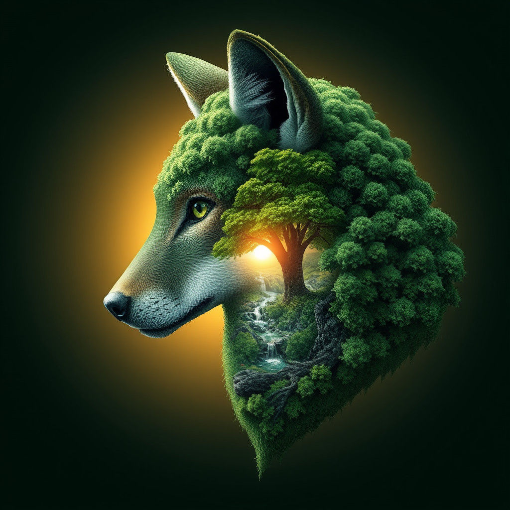Green Wolf Head Formed by Miniature Forest