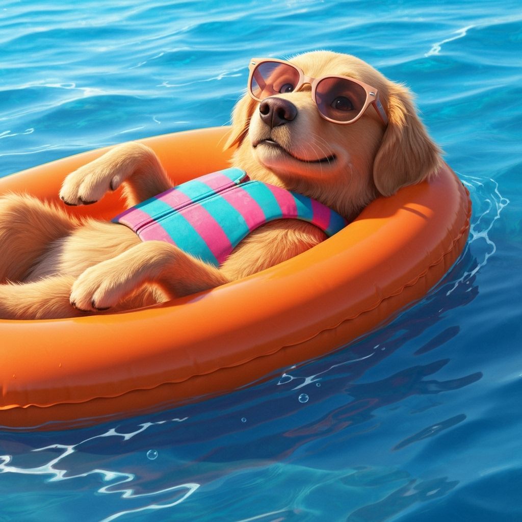 Golden Retriever Lounging on Floatie: Animated Style