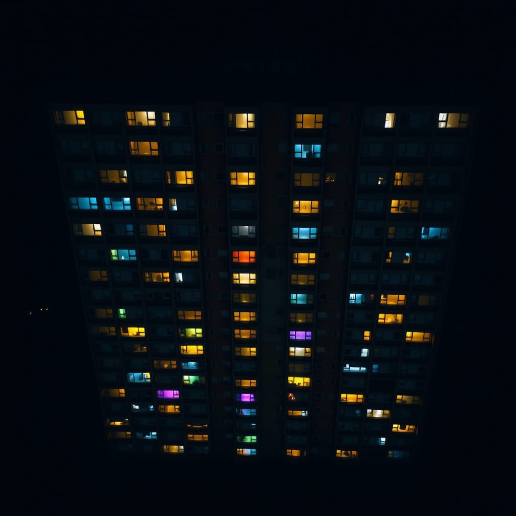 Nighttime Soviet-Style Apartment Building Illuminated by Col...