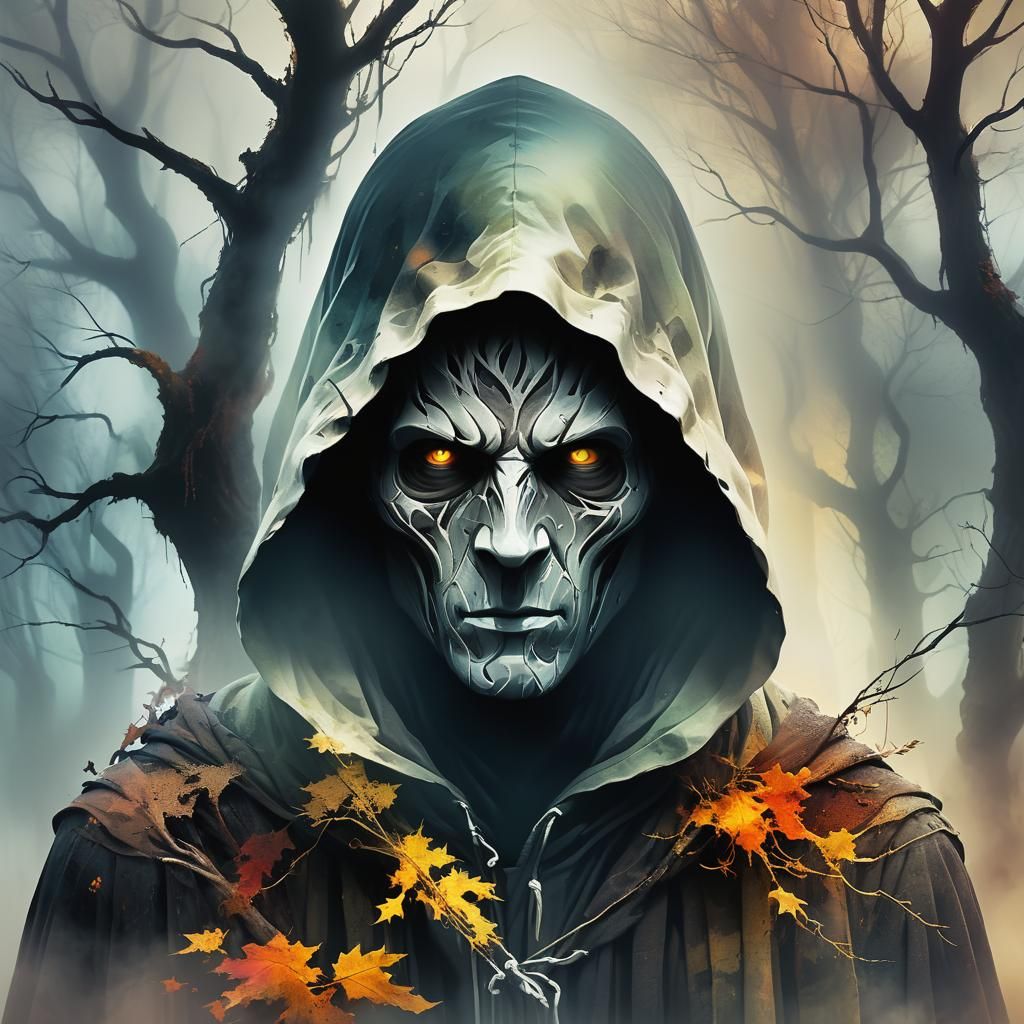 Mysterious Hooded Figure in Eerie Autumn Fog