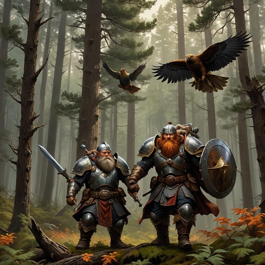 Dwarf Warrior with Hawk in Autumn Forest: Digital Painting