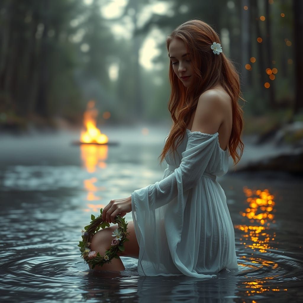 Slavic Woman in Misty River at Midsummer Night