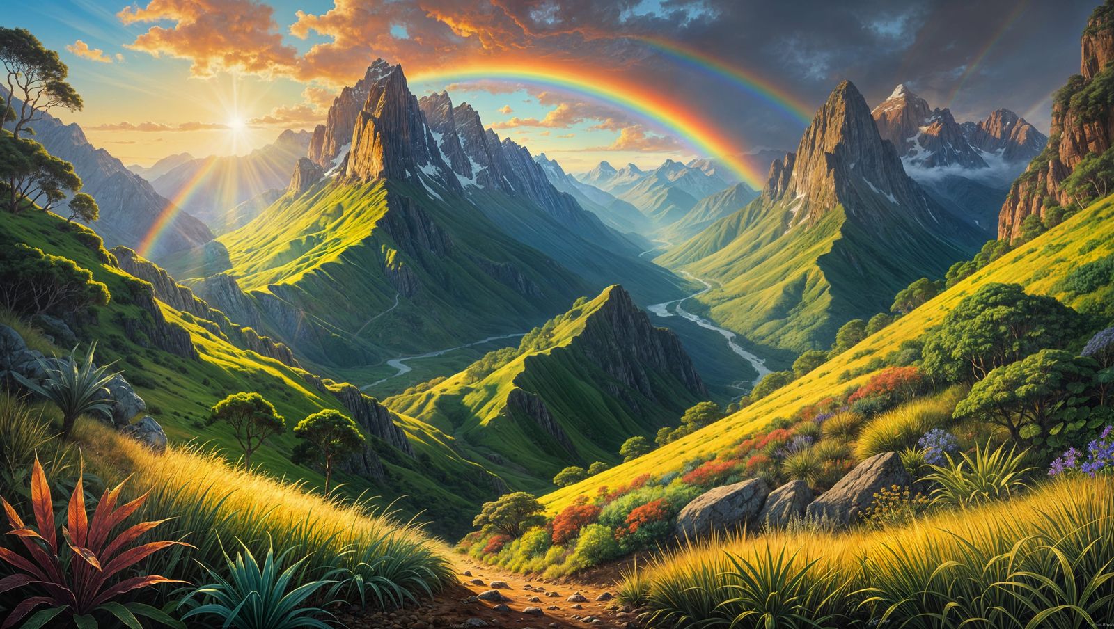 Colorful South American Mountain Landscape with Rainbow Ligh...