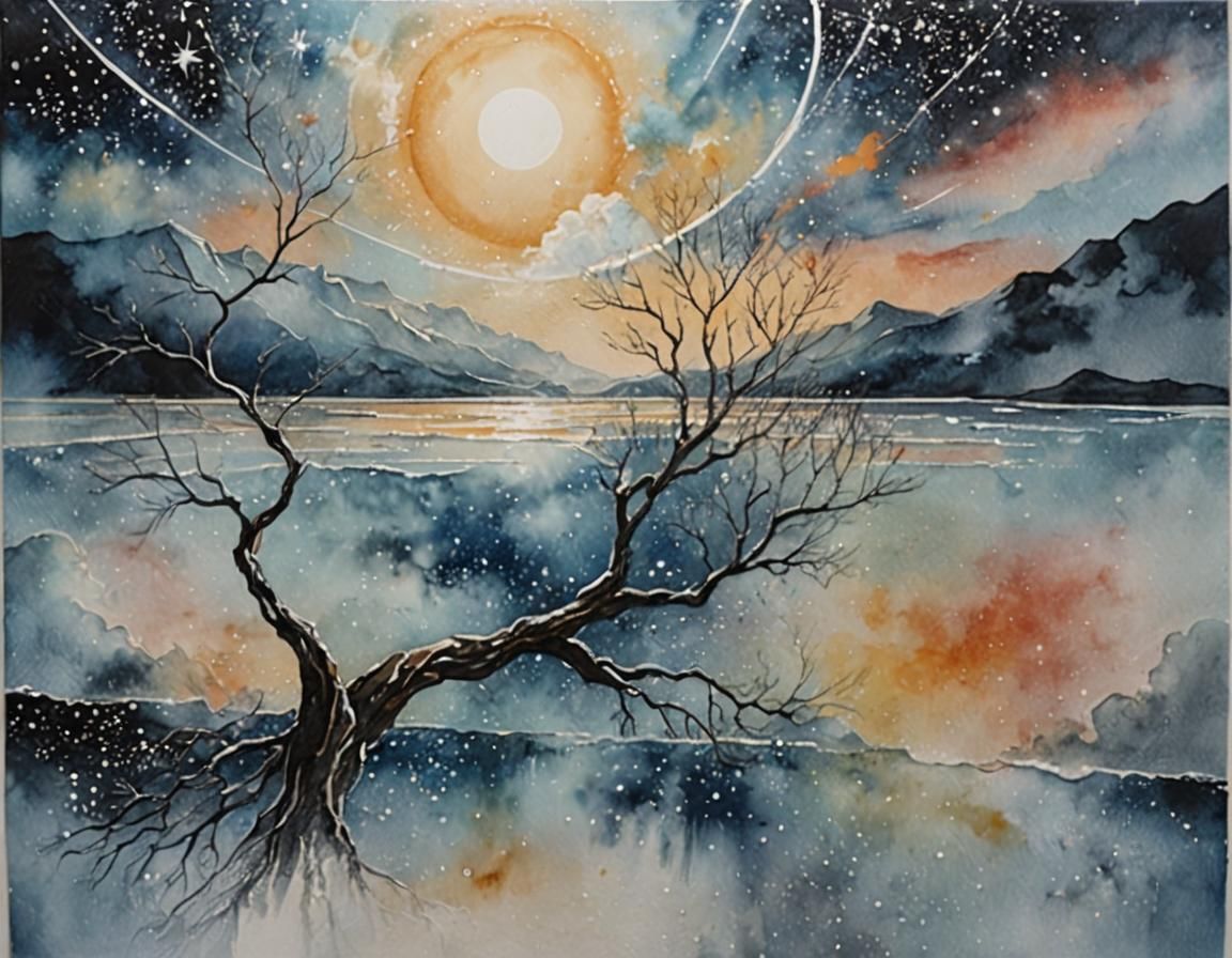 Ethereal Woman Amidst Glittering Stars: Acrylic Art