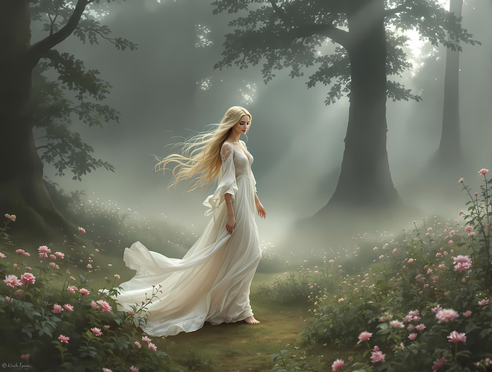 Ethereal Fantasy Landscape with a Young Woman in a Misty For...