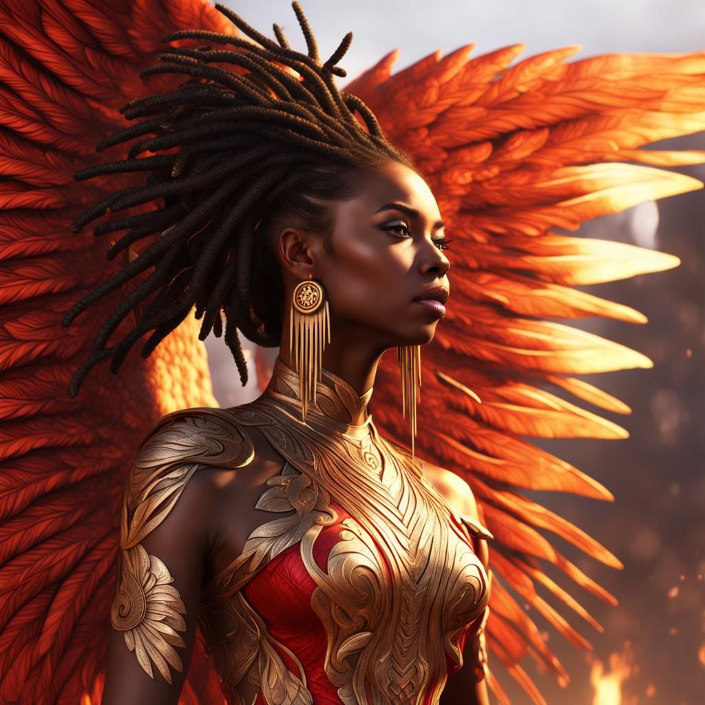 Phoenix Woman in Red and Gold Dress
