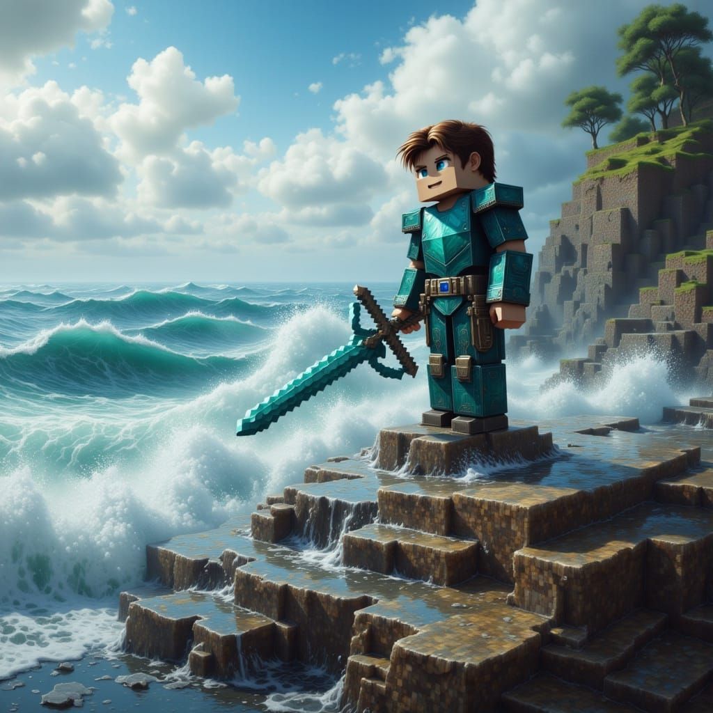 Minecraft Character on Rocky Coast in Cinematic Style