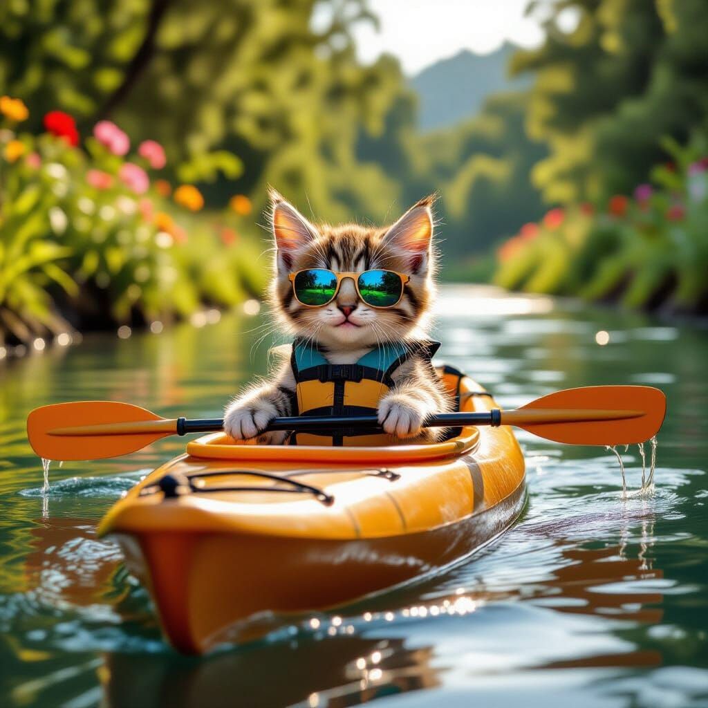 Happy Kitten Kayaking Down a Sunny River
