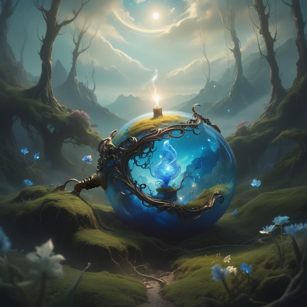 Glowing Blue Bulb in Dreamlike Fantasy Art