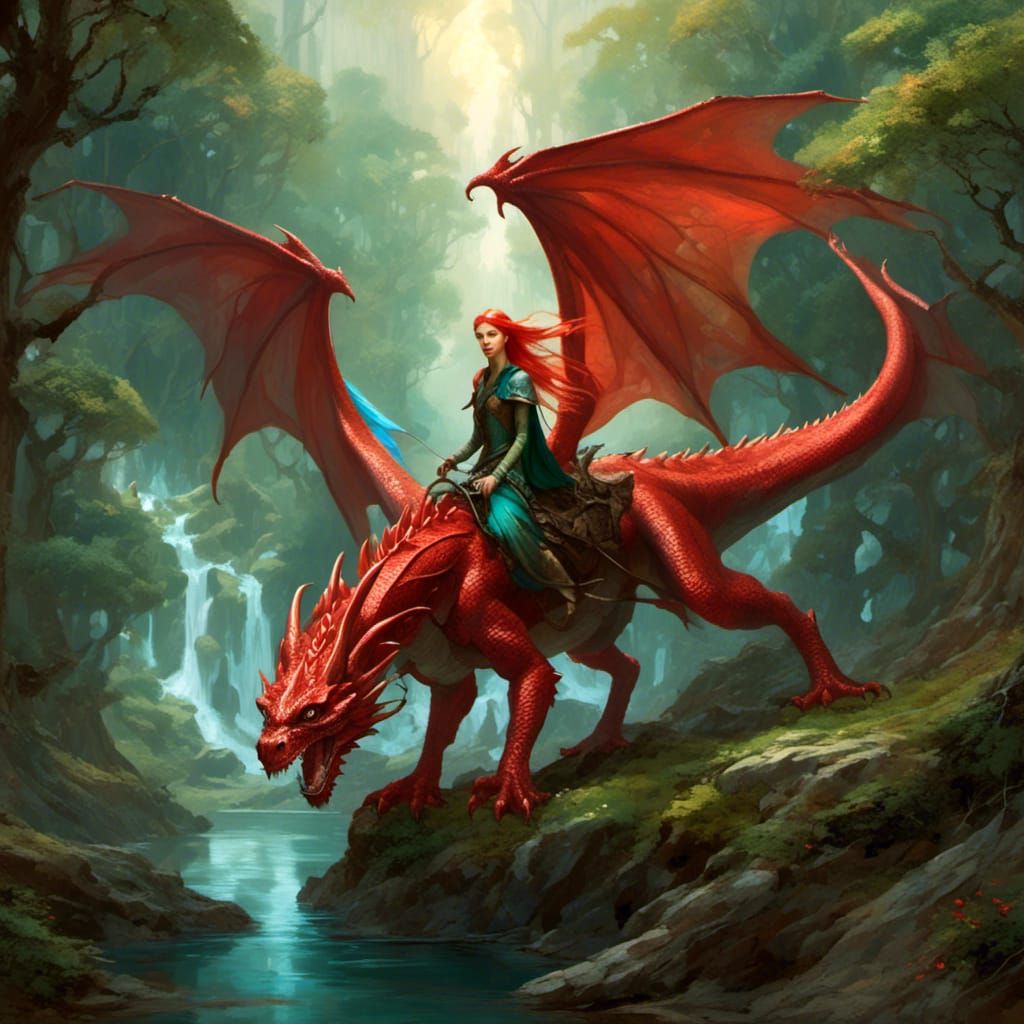 Elven Dragon Rider on Red Dragon Above Valley