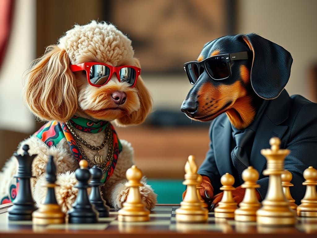 Poodle and Dachshund Play Chess in Hippie vs. Suit Battle