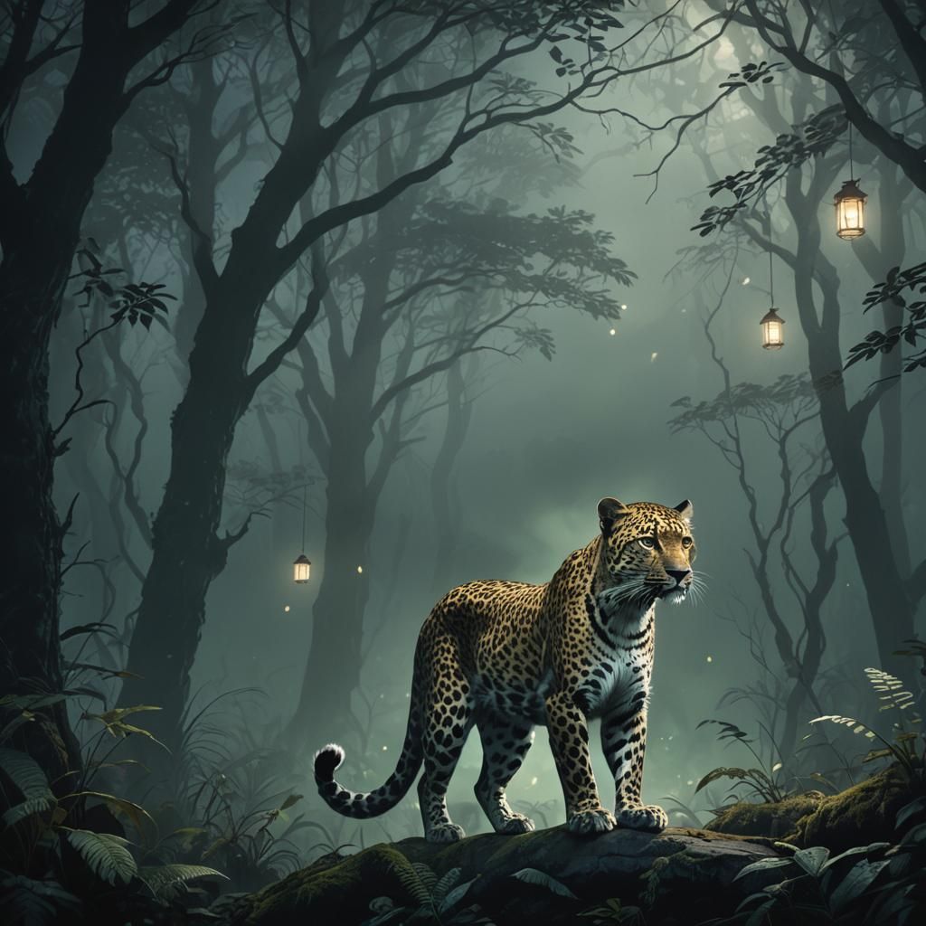 Mystical Leopard in Dark Misty Forest